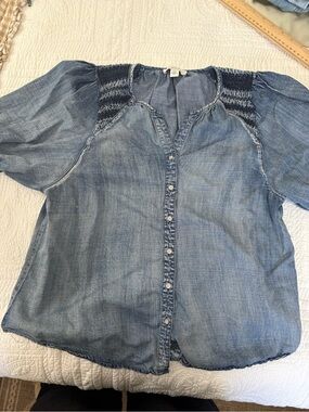 Vintage America Light Blue Denim Button-Front Smocked Shoulder Top